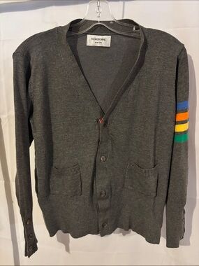 Thom Browne Men's Gray V-Neck Cardigan with Multi-Stripe Sleeve